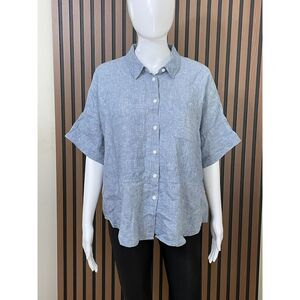 Athleta Anguilla Women's PM Blue Button-Up Linen Shirt Resortwear Coastal Travel